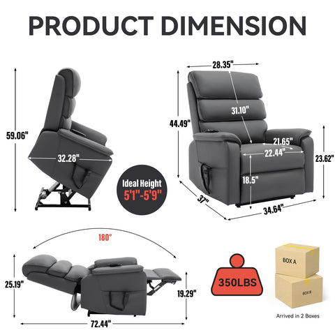Fortress Power Lift Recliner Chair - Grey Cat-Proof Leather with Massage, Heat, and Dual Motors by Lissie Lou