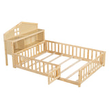 Explore Full Montessori Floor Bed - Natural Wood Design with Bookcases, Blackboard, and Guard Rails by Lissie Lou
