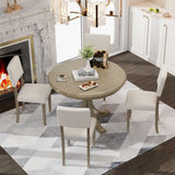 Lissie Lou 5-Piece Elegant Retro Dining Set - Round Table with Curved Trestle Legs & 4 Taupe Upholstered Chairs
