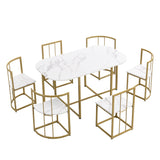 7-Piece Golden and White Compact Faux Marble Modern Dining Set for 6 with Iron Frame by Lissie Lou