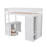 Wood Twin Size Loft Bed with Wardrobes and 2-Drawer Desk with Cabinet, White- Online Orders Only