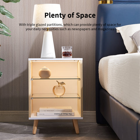 LED Nightstand with 3-Color Lighting and Glass Shelves – Modern, Multi-functional Bedside Table in Natural Wood, by Lissie Lou