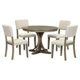 Lissie Lou 5-Piece Elegant Retro Dining Set - Round Table with Curved Trestle Legs & 4 Taupe Upholstered Chairs