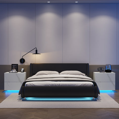Modern LED Nightstand with 2 Drawers - White Marble Grain Finish by Lissie Lou