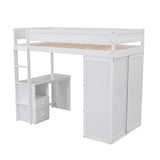 Wood Twin Size Loft Bed with Wardrobes and 2-Drawer Desk with Cabinet, White- Online Orders Only
