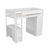 Wood Twin Size Loft Bed with Wardrobes and 2-Drawer Desk with Cabinet, White- Online Orders Only