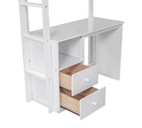 Wood Twin Size Loft Bed with Wardrobes and 2-Drawer Desk with Cabinet, White- Online Orders Only
