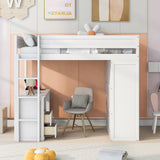 Wood Twin Size Loft Bed with Wardrobes and 2-Drawer Desk with Cabinet, White- Online Orders Only