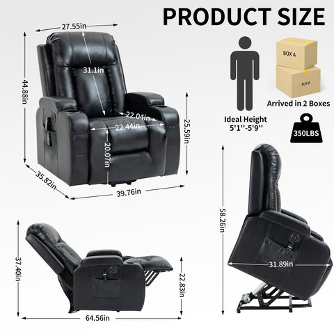 Elevate Power Lift Recliner Chair - Black Faux Leather with Massage, Heat, USB, and Cup Holders by Lissie Lou
