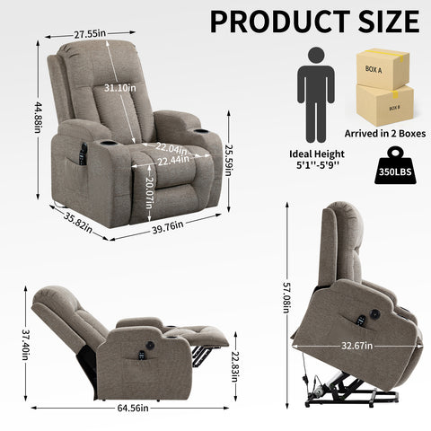 Serenity Power Lift Recliner Chair - Brown Fabric with Massage, Heat, USB, and Cup Holders by Lissie Lou