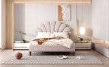 Full Size Upholstered Platform Bed with Flower Pattern Velvet Headboard- Beige- by Lissie Lou