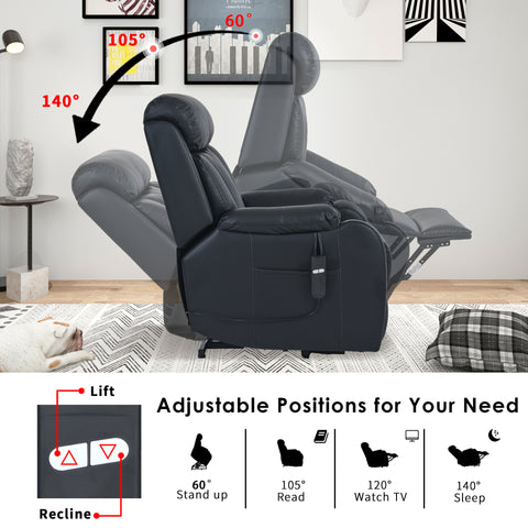 Ascend Electric Power Lift Recliner Chair - Black PU Leather with Remote Control and Side Pocket by Lissie Lou