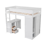 Wood Twin Size Loft Bed with Wardrobes and 2-Drawer Desk with Cabinet, White- Online Orders Only