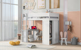 Wood Twin Size Loft Bed with Wardrobes and 2-Drawer Desk with Cabinet, White- Online Orders Only