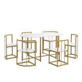 7-Piece Golden and White Compact Faux Marble Modern Dining Set for 6 with Iron Frame by Lissie Lou