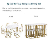 7-Piece Golden and White Compact Faux Marble Modern Dining Set for 6 with Iron Frame by Lissie Lou