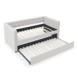 Twin Daybed with Twin Trundle Upholstered Tufted Sofa Bed, with Button and Copper Nail on Square Arms, Beige（85“x42.5”x31.5“)