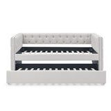 Twin Daybed with Twin Trundle Upholstered Tufted Sofa Bed, with Button and Copper Nail on Square Arms, Beige（85“x42.5”x31.5“)