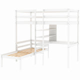 Convertible Loft Bed with L-Shape Desk, Twin Bunk Bed with Shelves and Ladder, White