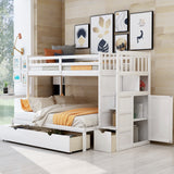 Twin over Twin/Full Bunk Bed, Convertible Bottom Bed, Storage Shelves and Drawers, White