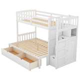 Twin over Twin/Full Bunk Bed, Convertible Bottom Bed, Storage Shelves and Drawers, White