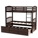 Twin over Twin Wood Bunk Bed with Trundle and Drawers, Espresso