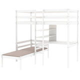 Convertible Loft Bed with L-Shape Desk, Twin Bunk Bed with Shelves and Ladder, White