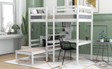 Convertible Loft Bed with L-Shape Desk, Twin Bunk Bed with Shelves and Ladder, White