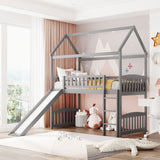 Twin Loft Bed with Slide, House Bed with Slide- Gray