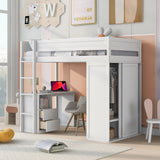 Wood Twin Size Loft Bed with Wardrobes and 2-Drawer Desk with Cabinet, White- Online Orders Only