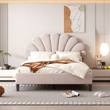 Full Size Upholstered Platform Bed with Flower Pattern Velvet Headboard- Beige- by Lissie Lou
