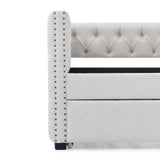 Twin Daybed with Twin Trundle Upholstered Tufted Sofa Bed, with Button and Copper Nail on Square Arms, Beige（85“x42.5”x31.5“)