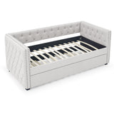 Twin Daybed with Twin Trundle Upholstered Tufted Sofa Bed, with Button and Copper Nail on Square Arms, Beige（85“x42.5”x31.5“)