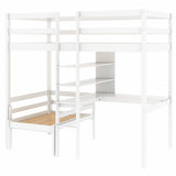 Convertible Loft Bed with L-Shape Desk, Twin Bunk Bed with Shelves and Ladder, White