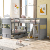 Twin Size Bunk Bed with a Loft Bed attached, with Two Drawers, Gray