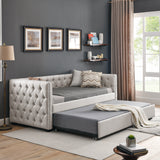 Twin Daybed with Twin Trundle Upholstered Tufted Sofa Bed, with Button and Copper Nail on Square Arms, Beige（85“x42.5”x31.5“)