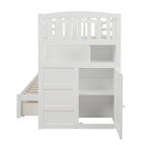 Twin over Twin/Full Bunk Bed, Convertible Bottom Bed, Storage Shelves and Drawers, White